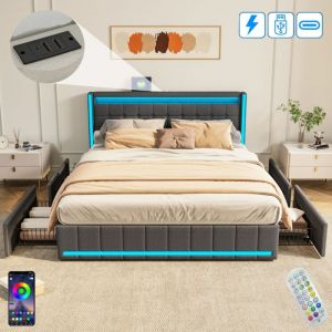 Lit 140x190 cm, 2 places, avec 4 tiroirs de rangement, LED t&ecirc;tes de lit motif de plaid, USB A/C, sommier &agrave; lattes en bois, cadre en m&eacute;tal, lit