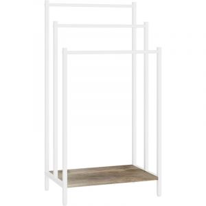 Porte-serviettes Relaxdays, tablette, HxLxP: 81 x 43 x 28 cm, aspect bois, 3 barres, sur pied, naturel/blanc