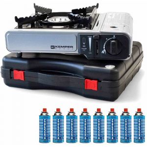 Réchaud à gaz nomade Acier Kemper 2200W + 8 cartouches gaz Allumage piezo Sécurité insert gaz - grey