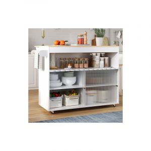 Desserte de cuisine avec roulettes, porte-serviettes, plan de travail en placage de chêne, portes coulissantes en verre, blanc et naturel