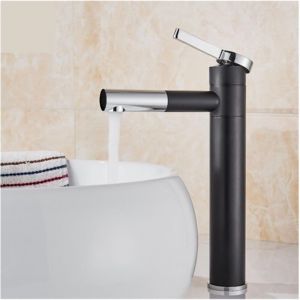 Robinet de lavabo de salle de bain cylindrique noir simple et contemporain, Mitigeur de lavabo - Noir-Chrome,30cm