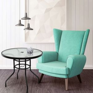 Table de Jardin Ronde Plateau en Verre Tremp&eacute; avec Trou de Parasol 4 Cm Capacit&eacute; 80 Kg en M&eacute;tal 80x80x72cm Noir