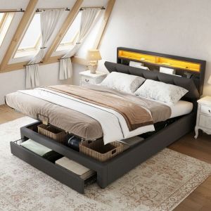 Lit coffre 140x190, lit 140x190, tête de lit réglable avec bande lumineuse LED, grands tiroirs, rangement, 2 places, design , tissu lin, Gris