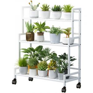 Sinbinta - tagère Plante métal avec Roues, 3 niveaux étagère échelle de Fleuriste en Fer Forgé for Terrasse Jardin, Intérieur Extérieur Métal Support