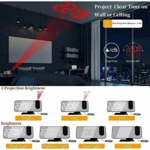 Reveil Projecteur avec Radio, Horloge Num&eacute;rique, Radio Reveil USB avec Double Alarme et &Eacute;cran Miroir LED , pour La Maison, Le Bureau