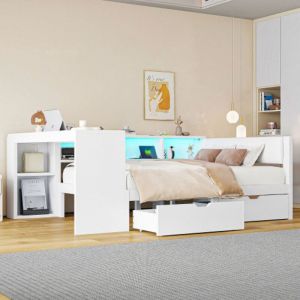 Lit adulte 140x200 cm avec 2 tiroirs, &eacute;tag&egrave;res de rangement, prise &eacute;lectrique, t&ecirc;te de lit capitonn&eacute;e, &eacute;clairage LED, sans matelas, blanc