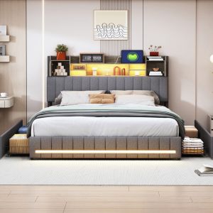 Lit 2 Places 160x200cm, Lit Rembourr&eacute; 160x200 avec LED et USB, Tete de Lit avec Rangement, Lit 2 Personnes avec 4 Tiroirs Coulissants, Lit pour