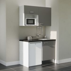 Cuisibane - Kitchenette K07L-PT - 120 cm - plan stratifié, évier inox, - Façade Gris - Plan Noir texturé - Evier Inox - Crédences Non +