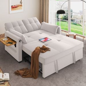 Canape-lit 3 en 1 convertible 2 places avec sac, ports de charge USB/Type-C, coussins, plateau de canapé, 177 x 112 x 46 cm, fauteuil-lit reglable,