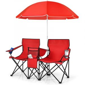 COSTWAY Chaise de Camping Pliante, Chaise d'ext&eacute;rieur Portable avec Glaci&egrave;re et Parasol, Chaise de Plage &agrave; 2 Places avec Porte-gobelet et Sac de