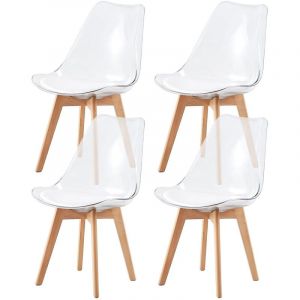 Eggree - Lot de 4 chaises scandinaves avec pieds en bois de h&ecirc;tre, chaises de cuisine transparentes avec coussin en cuir pu blanc
