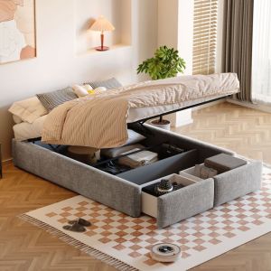 Lit adulte 140x200 cm en lin, 2 places, sans t&ecirc;te de lit, avec rangement hydraulique et 2 tiroirs, style scandinave - Gris