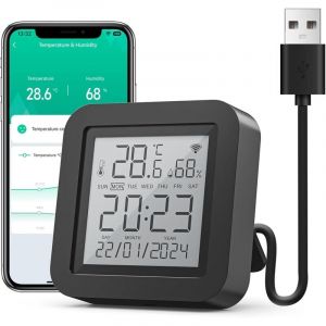 Thermom&egrave;tre Hygrom&egrave;tre Connect&eacute;, WiFi Thermom&egrave;tre Int&eacute;rieur Capteur Humidit&eacute; avec Alertes sur l'App, Contr&ocirc;le par l&rsquo;APP, Thermo-hygrom&egrave;tre pour Cave