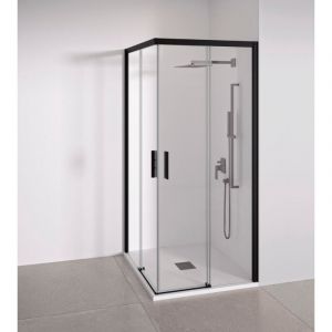 BELLOBATH - Paroi de douche d'angle 2 portes coulissantes + 2 fixes - Verre tremp&eacute; - Noir mat - Largeur adaptable 137-139 x 77-79 cm - Haut 195 cm