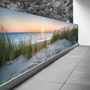 Lumal&eacute;a - Brise vue Trompe l'oeil - 110x330 cm - Couch&eacute; de soleil - Recto Imprim&eacute; / Verso BlancB&acirc;che Micro Perfor&eacute;e - 80% d'occultation