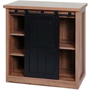 HHG - jamais utilisé] Commode 119, armoire étagère, porte coulissante 5 compartiments de rangement, aspect bois métal industriel 84x80x40cm, brun