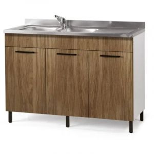 Meuble sous &eacute;vier 3 portes en noyer naturel r&eacute;versible 120x50x85