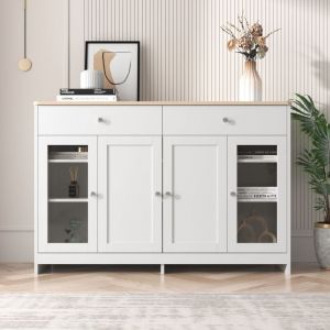Tanant - Buffet avec 2 tiroirs et 4 portes 120 cm - porte vitrée, Buffet de rangement scandinave pour salon, cuisine - Blanc
