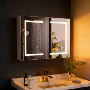 Armoire Miroir de Salle de Bain avec &Eacute;clairage LED, Armoire led 2p de toilette lumineuse, Interrupteur tactile, Armoire Miroir avec &Eacute;tag&egrave;re r&eacute;glable,