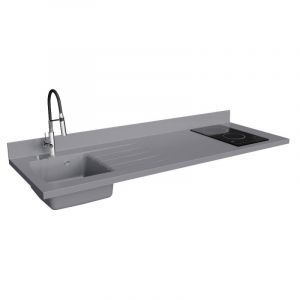 Plan de travail monobloc PlaniQuartz avec &eacute;vier - 180 cm - Cromo - &eacute;vier &agrave; gauche - Plaque de cuisson Vitroc&eacute;ramique