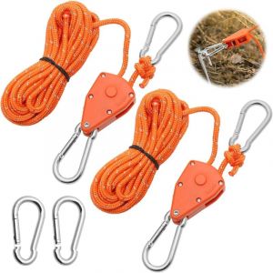 Ersandy - 2 Pièces Corde à Cliquet Réglable 4M, Poulie à Cliquet Orange 1/8 avec 2 Replacement Crochets, Tendeur de Corde à Cliquet Réfléchissante