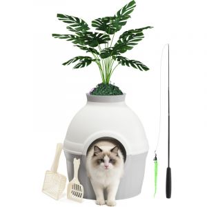 Bac &agrave; Liti&egrave;re cach&eacute; pour chat avec plante artificielle, Maison de Chat 2 en 1 avec filtre &agrave; charbon, 2 pelles et une canne &agrave; p&ecirc;che t&eacute;lescopique