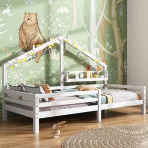 Lit cabane enfant 90 x 200 cm, en forme de maison en bois, avec bibliothèque de rangement, sans matelas, blanc