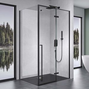 Cabine de Douche Noir en Angle 90x140cm Paroi de Douche avec Porte Pivotante Montage Réversible Pare douche Rectangulaire avec Receveur de Douche