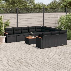 Ensemble salon jardin 12 places r&eacute;sine tress&eacute;e noire avec coussins et table acacia Mobilier ext&eacute;rieur modulaire et durable