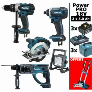 Makita - Pack Power pro 18V: DDF458 DHR202 DSS610 DTD152 Projecteur 3 batt 5Ah 3 coffrets offert 1 chariot diable