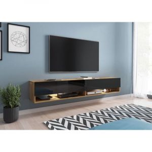 Bratex - Meuble tv Lowboard a 180 cm, meuble tv avec &eacute;clairage led, deux &eacute;tag&egrave;res, coloris wotan noir brillant