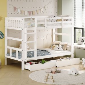 Lit superpos&eacute; 90x200 cm, lit mezzanine avec escalier, 2 tiroirs, sommier &agrave; lattes, pin massif, lit cabane avec barri&egrave;res de s&eacute;curit&eacute;, lit enfant, lit