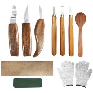 10pcs Outils Sculpture sur Bois, Kit Sculpture Bois avec 3 ux à Bois, 3 Couteau Sculpture Bois,Gants, Professionnels Outillage Bois Sculpter pour