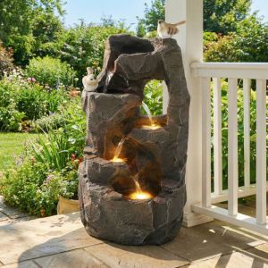 Fontaine de jardin LED Effet Pierre Avec Pompa 300 L h R&eacute;sine Grise D&eacute;cor Terrasse Balcon Ambiance Zen 25,5&times;19&times;47 cm