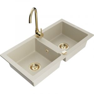 Mario &eacute;vier en granit &agrave; 2 cuves avec robinet m&eacute;langeur Telma, Beige - 6504-69-670200-50 - Mexen