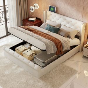 Lit Coffre 160x200 cm avec Sommier &agrave; Lattes, Lit Double Capitonn&eacute; en Velours avec T&ecirc;te de Lit LED et Lampe de Chevet Int&eacute;gr&eacute;e, Lit adulte, Beige