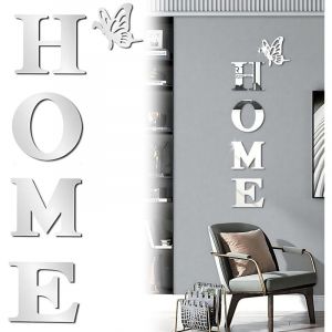 Acrylique Miroir Sticker Mural, Stickers Muraux Auto-Adhésif Amovible Écologique, Autocollant miroir acrylique papillon lettre anglaise HOME pour