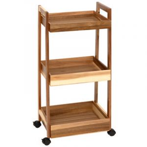 Desserte &agrave; roues 3 niveaux en bois d'acacia - Longueur 40 x largeur 30,5 x Hauteur 84,5 cm