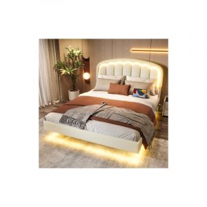 Wishdor - Lit adulte 160x200 cm, lit capitonné avec tête de lit pétale, bande lumineuse led, design flottant, similicuir, sans matelas, blanc