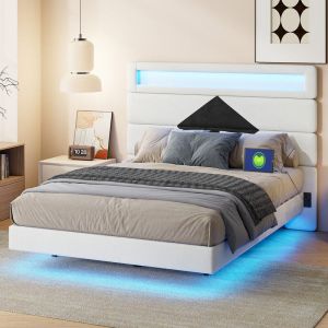 Lit Capitonné 140x190, Lit Double 140x190 cm avec Tête de Lit Losanges Noirs Réglable, lit Adulte avec Ports usb Double et Éclairage led Intégré, lit