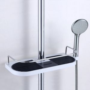 Etagère Douche Télescopique Poteau Réglable Alliage d'aluminium avec 2 Crochets, Serviettes Sans Perçage Rangement Etagere Salle de Bain Douche,