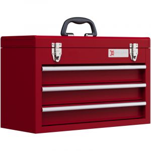 Bo&icirc;te &agrave; outils vide 51 x 22 x 32 cm avec 3 tiroirs et un compartiment de rangement sup&eacute;rieur, poign&eacute;e et serrure, robuste, en acier rouge