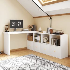 Bureau d'angle pivotant 360&deg; avec 4 niches et 4 tiroirs, blanc, 120x48x78 cm + 140x35x74 cm