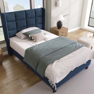 Lit adulte 90x200 cm lit simple rembourré avec tête de lit capitonnée et sommier à lattes en bois, tissu en lin, bleu, sans matelas