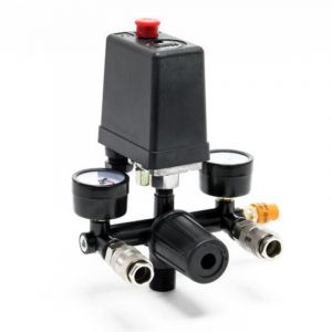 Régulateur de pression 165 x 130 x 200 mm avec pressostat pour compresseur avec 2 afficheurs, 2 raccords et soupape de sécurité, réducteur de pression