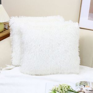 Lot de 2 Housse de Coussin Fourrure Moelleux Doux en Peluche Coussins Carr&eacute; D&eacute;coratif pour Salon Canap&eacute; Chambre Voiture 45x45 Blanc