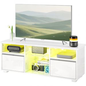 Meuble TV 120 cm, meuble t&eacute;l&eacute; pour t&eacute;l&eacute;viseur jusqu'&agrave; 55 pouces &eacute;clairage LED et t&eacute;l&eacute;commande &eacute;tag&egrave;res en verre blanc