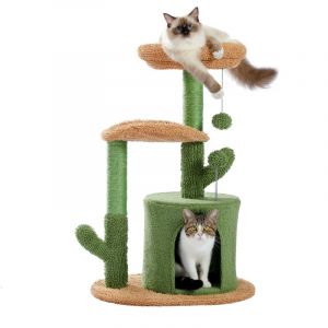 Pawz Road - Arbre &agrave; Chat Cactus, avec Pompon Peluche, Poteau Griffoir en Sisal et Coussin Amovible, 84 cm, Vert Cactus