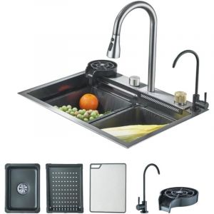 Evier de Cuisine Noir Acier Inoxydable Evier de Cuisine Nano Raindance gris 1 Bac avec Robinet Extensible Set de Robinetterie Machine à Laver Les