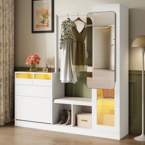 Nmonet - Meuble d'entr&eacute;e 6 en 1 avec miroir rotatif, 3 tiroirs, meuble &agrave; chaussures, banc &agrave; chaussures, &eacute;clairage led multicolore et penderie